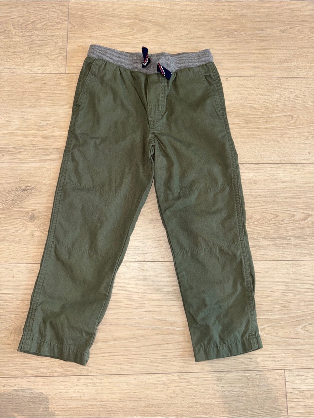 Olive Green Casual Kids Pants with Gray Elastic Waistband